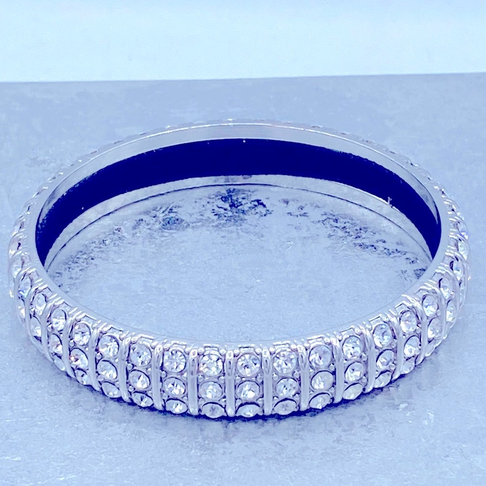 Vintage Silver Tone Three Rows Of Clear Rhinestone Bangle Bracelet 7 1/2”-7 3/4”